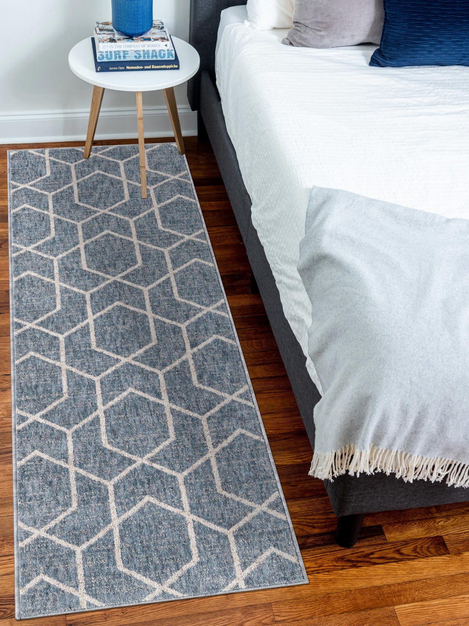 Harbor Blue 2' x 8' Eco Trellis Runner Area Rug 100% Recycled Space Dyed Polyester With Cotton Backing Geometric Pattern Eco-Friendly Carpet for Sale at Rug Engine