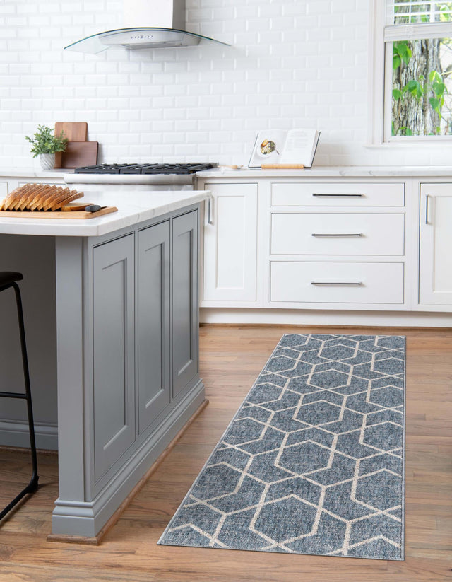 Harbor Blue 2' x 6' Eco Trellis Runner Area Rug 100% Recycled Space Dyed Polyester With Cotton Backing Geometric Pattern Eco-Friendly Carpet for Sale at Rug Engine
