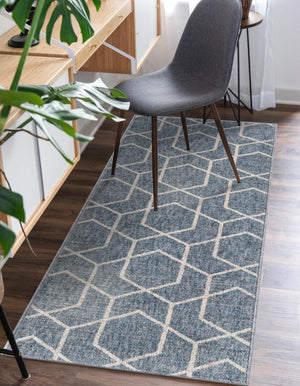 Harbor Blue 2' 7 x 12' Eco Trellis Runner Area Rug 100% Recycled Space Dyed Polyester With Cotton Backing Geometric Pattern Eco-Friendly Carpet for Sale at Rug Engine