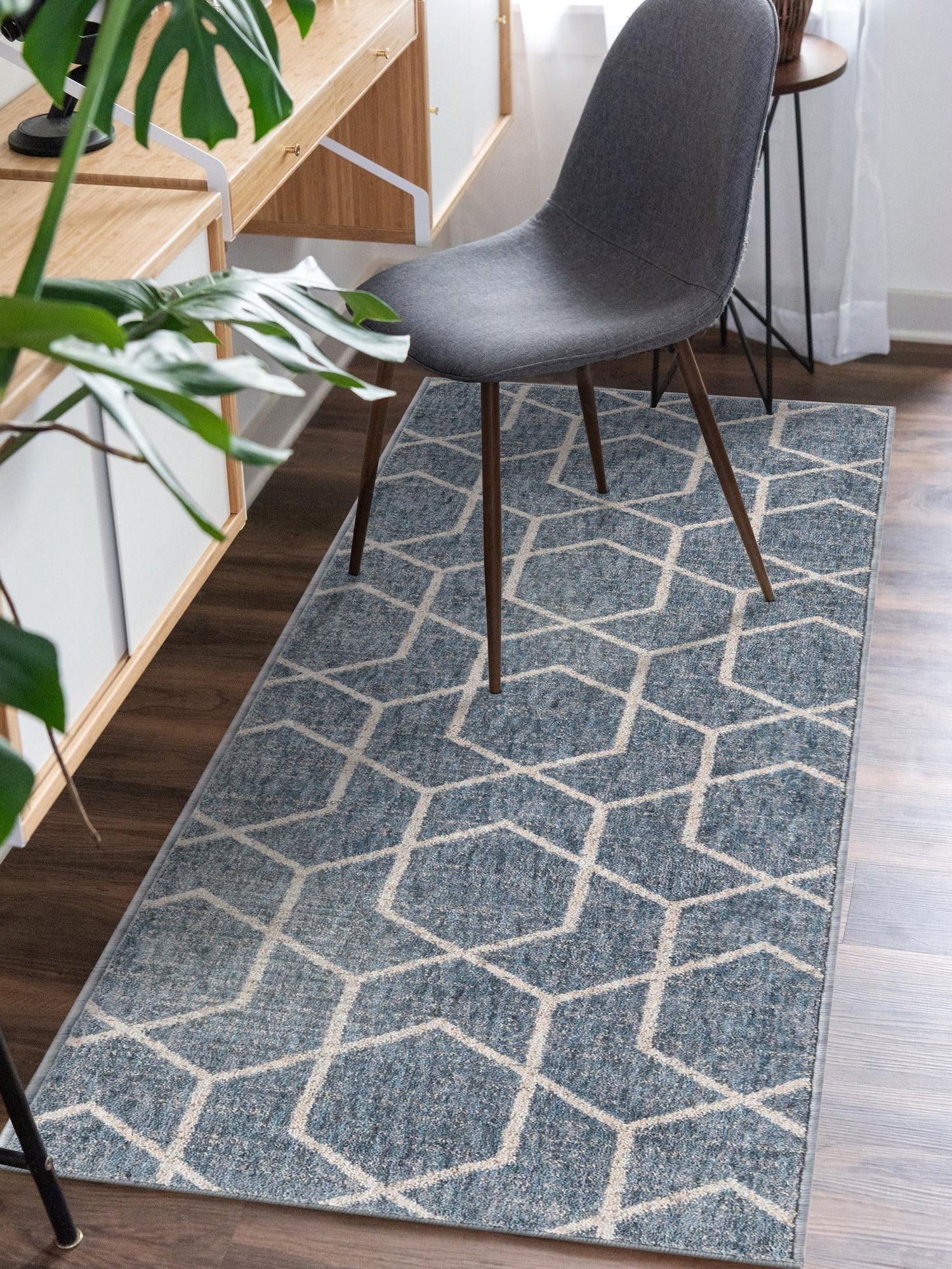 Harbor Blue 2' x 8' Eco Trellis Runner Area Rug 100% Recycled Space Dyed Polyester With Cotton Backing Geometric Pattern Eco-Friendly Carpet for Sale at Rug Engine