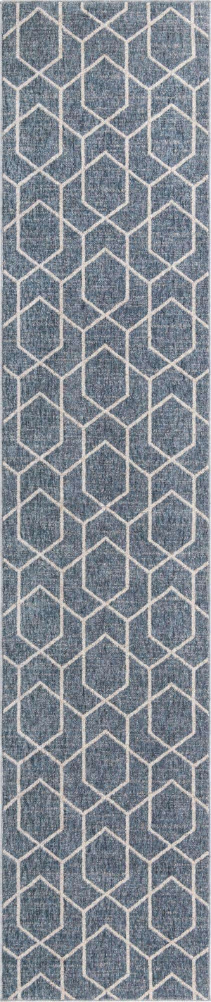Harbor Blue 2' 7 x 12' Eco Trellis Runner Area Rug 100% Recycled Space Dyed Polyester With Cotton Backing Geometric Pattern Eco-Friendly Carpet for Sale at Rug Engine