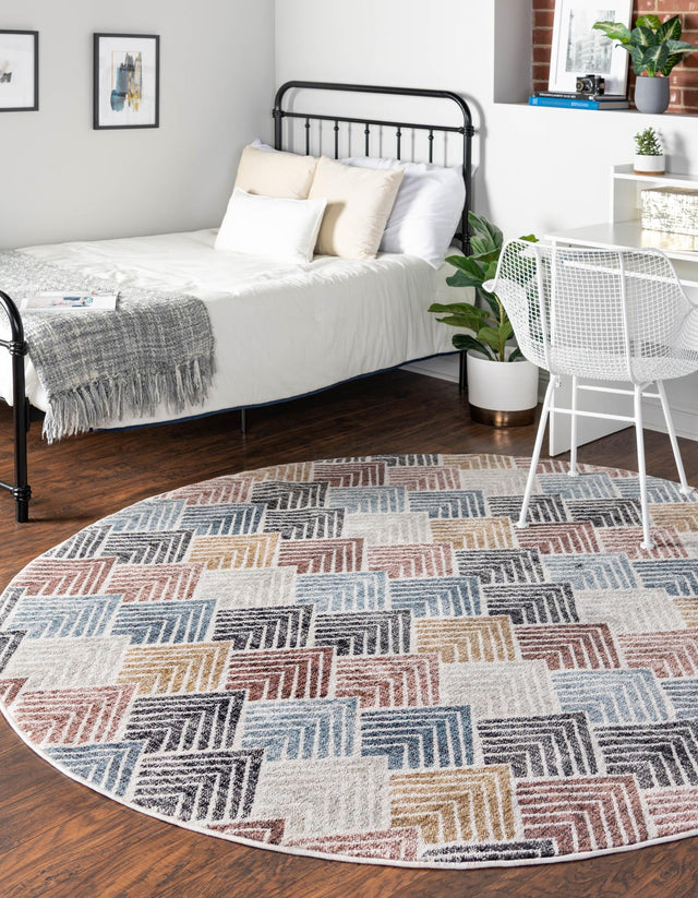 Multicolor 7' x 7' Eco Trellis Round Area Rug 100% Recycled Space Dyed Polyester With Cotton Backing Geometric Pattern Eco-Friendly Carpet for Sale at Rug Engine