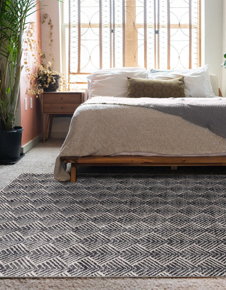 Charcoal Ivory 7' 10 x 10' Eco Trellis Rectangle Area Rug 100% Recycled Space Dyed Polyester With Cotton Backing Geometric Pattern Eco-Friendly Carpet for Sale at Rug Engine