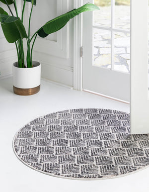 Charcoal Ivory 7' x 7' Eco Trellis Round Area Rug 100% Recycled Space Dyed Polyester With Cotton Backing Geometric Pattern Eco-Friendly Carpet for Sale at Rug Engine