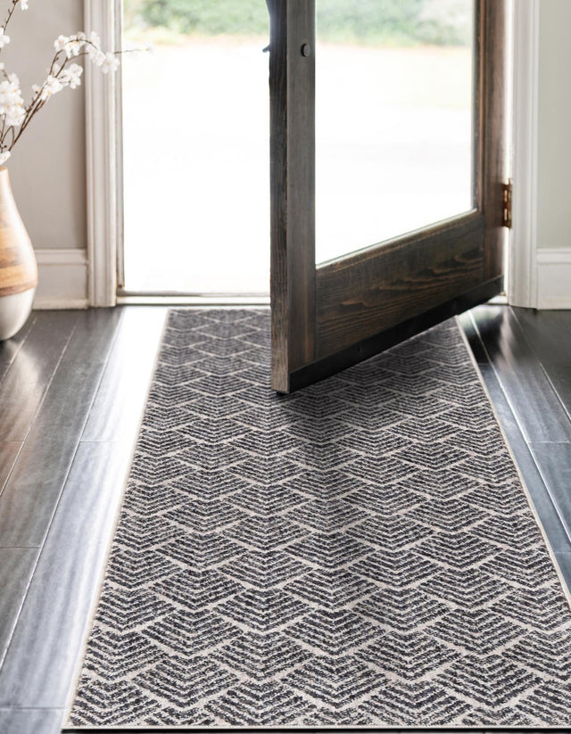 Charcoal Ivory 2' 7 x 12' Eco Trellis Runner Area Rug 100% Recycled Space Dyed Polyester With Cotton Backing Geometric Pattern Eco-Friendly Carpet for Sale at Rug Engine