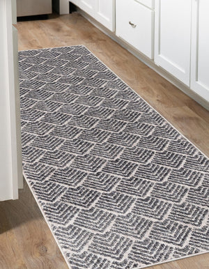 Charcoal Ivory 2' x 6' Eco Trellis Runner Area Rug 100% Recycled Space Dyed Polyester With Cotton Backing Geometric Pattern Eco-Friendly Carpet for Sale at Rug Engine