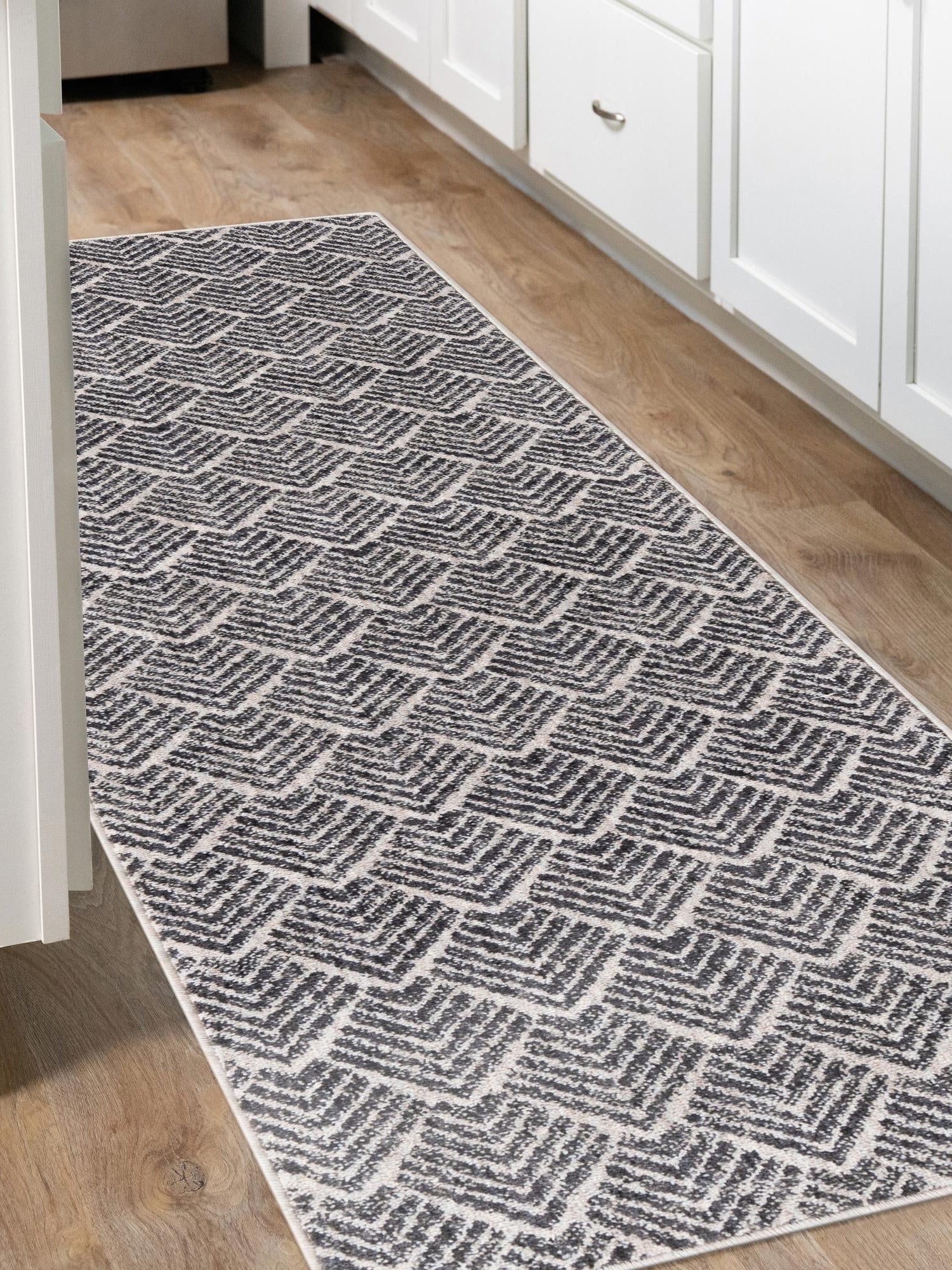 Charcoal Ivory 2' x 8' Eco Trellis Runner Area Rug 100% Recycled Space Dyed Polyester With Cotton Backing Geometric Pattern Eco-Friendly Carpet for Sale at Rug Engine
