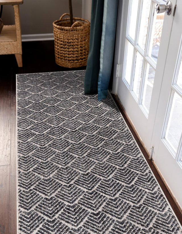 Charcoal Ivory 2' x 6' Eco Trellis Runner Area Rug 100% Recycled Space Dyed Polyester With Cotton Backing Geometric Pattern Eco-Friendly Carpet for Sale at Rug Engine