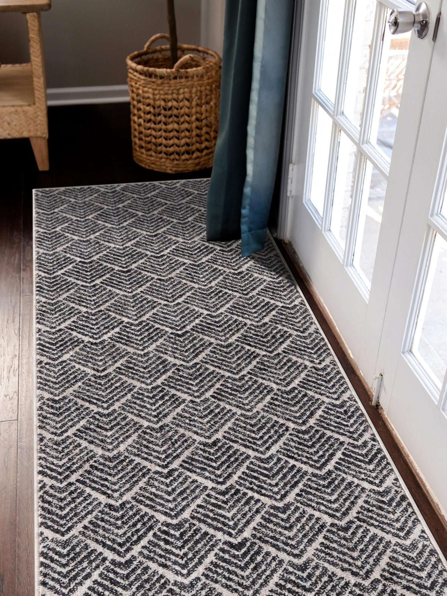 Charcoal Ivory 2' 7 x 12' Eco Trellis Runner Area Rug 100% Recycled Space Dyed Polyester With Cotton Backing Geometric Pattern Eco-Friendly Carpet for Sale at Rug Engine