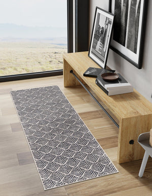 Charcoal Ivory 2' x 6' Eco Trellis Runner Area Rug 100% Recycled Space Dyed Polyester With Cotton Backing Geometric Pattern Eco-Friendly Carpet for Sale at Rug Engine