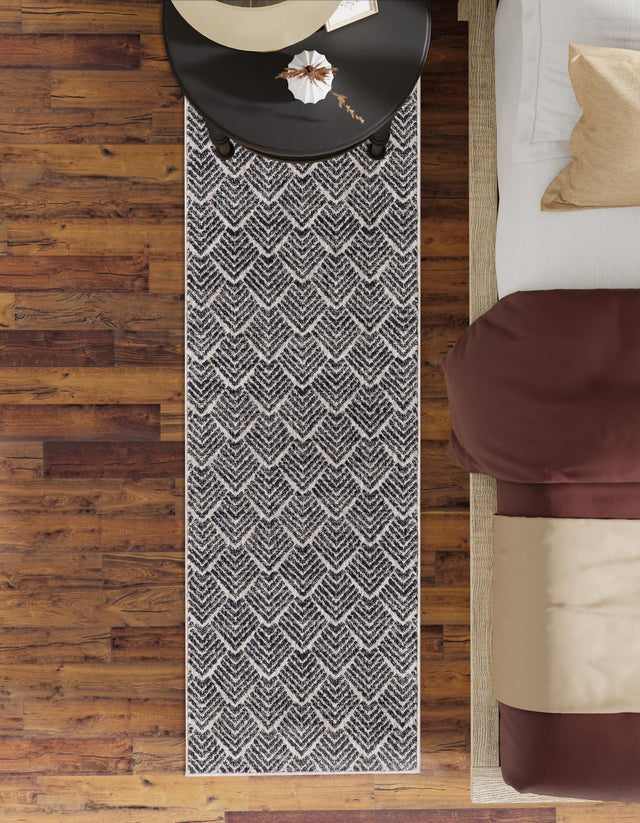 Charcoal Ivory 2' x 6' Eco Trellis Runner Area Rug 100% Recycled Space Dyed Polyester With Cotton Backing Geometric Pattern Eco-Friendly Carpet for Sale at Rug Engine