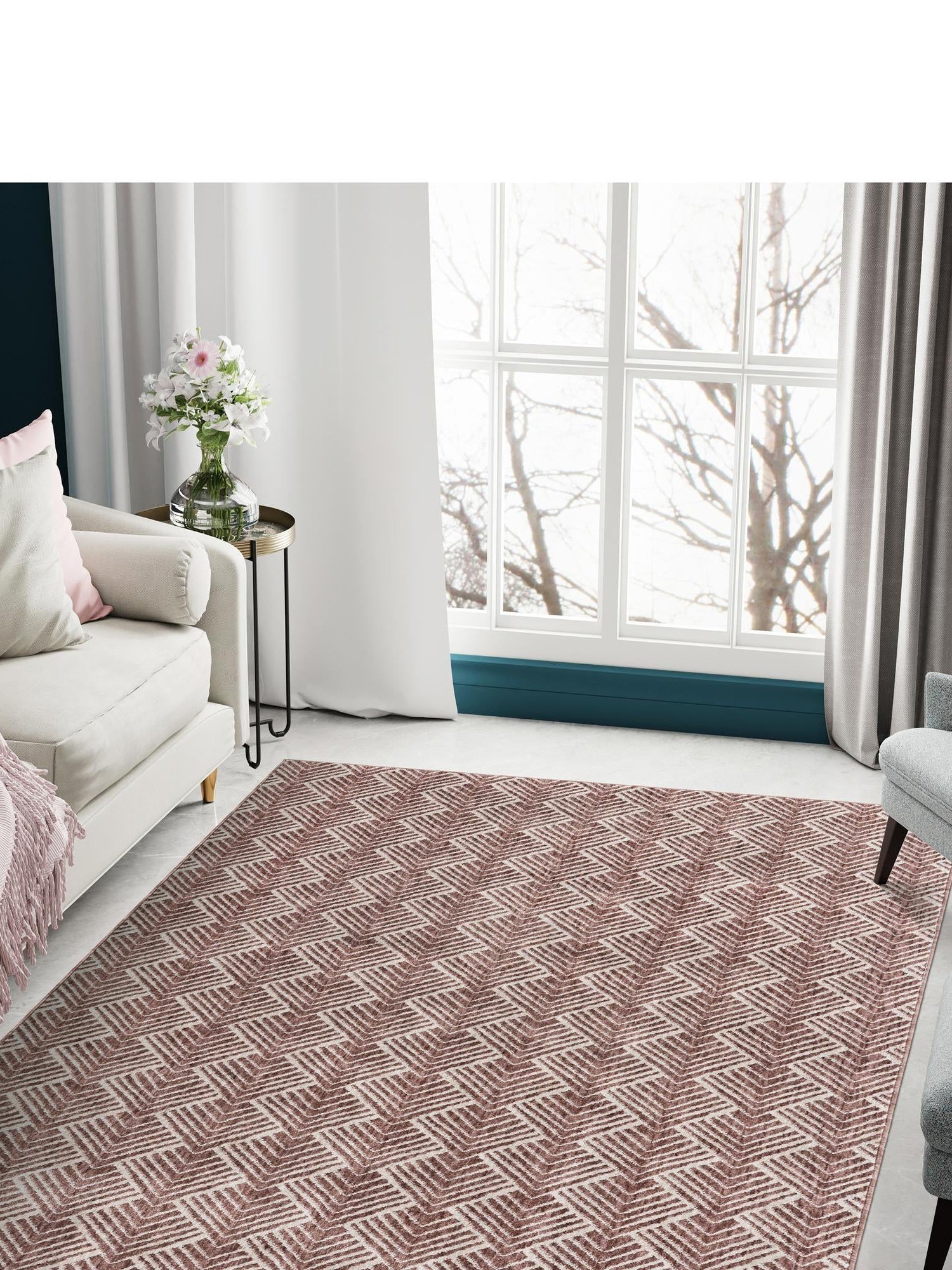 Dusty Rose 5' 3 x 8' Eco Trellis Rectangle Area Rug 100% Recycled Space Dyed Polyester With Cotton Backing Geometric Pattern Eco-Friendly Carpet for Sale at Rug Engine