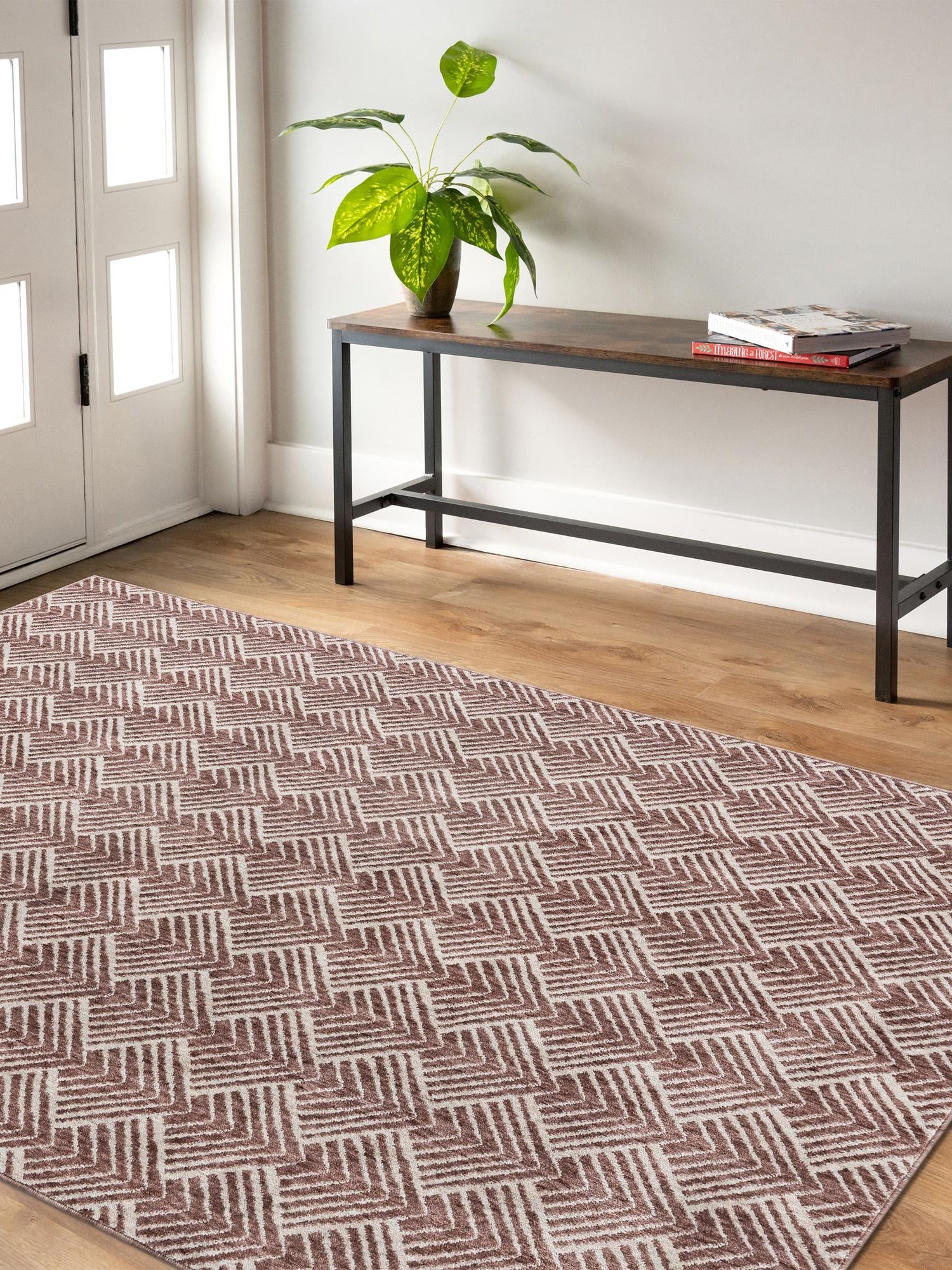 Dusty Rose 4' x 6' Eco Trellis Rectangle Area Rug 100% Recycled Space Dyed Polyester With Cotton Backing Geometric Pattern Eco-Friendly Carpet for Sale at Rug Engine