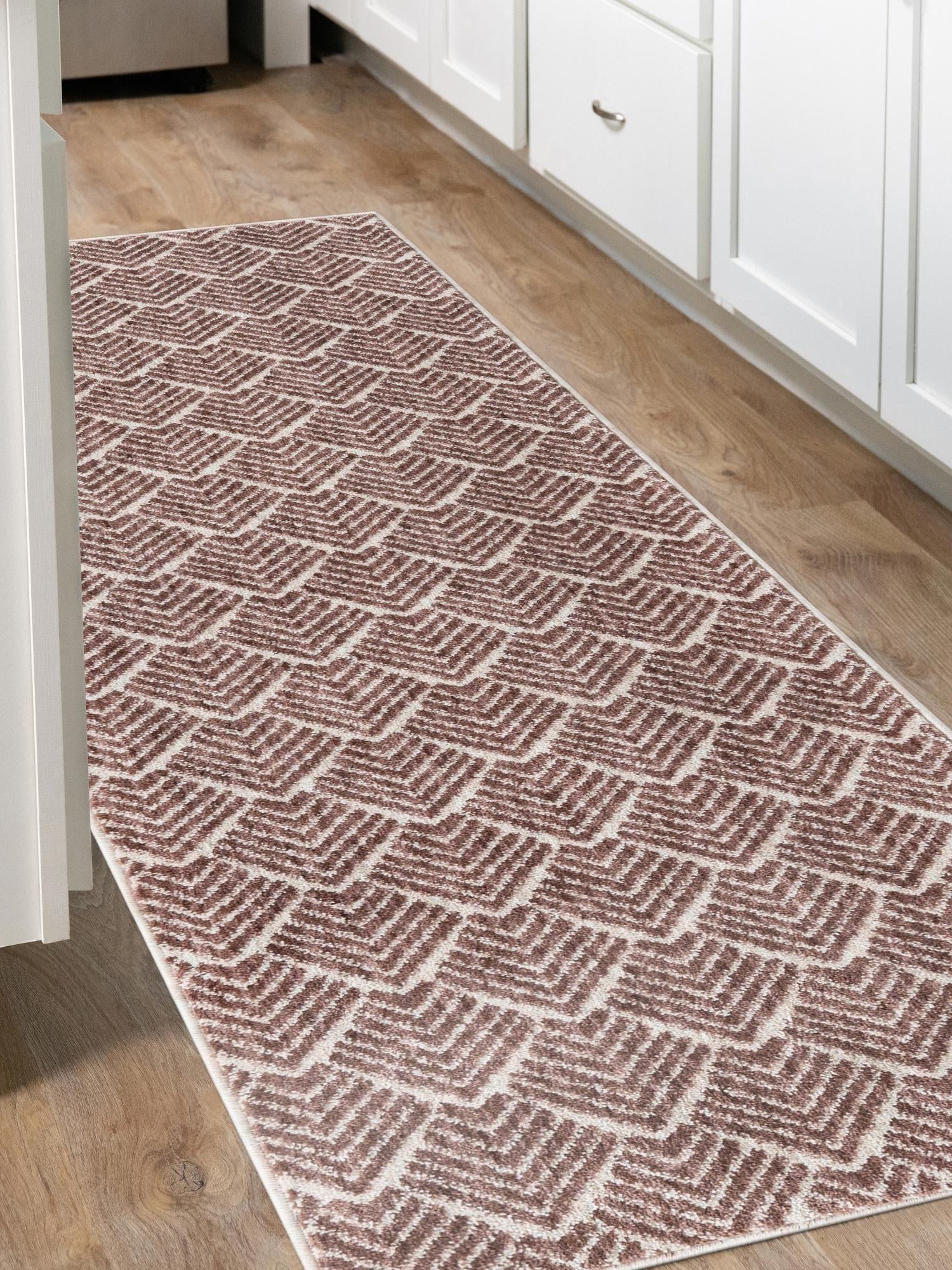 Dusty Rose 2' 7 x 12' Eco Trellis Runner Area Rug 100% Recycled Space Dyed Polyester With Cotton Backing Geometric Pattern Eco-Friendly Carpet for Sale at Rug Engine