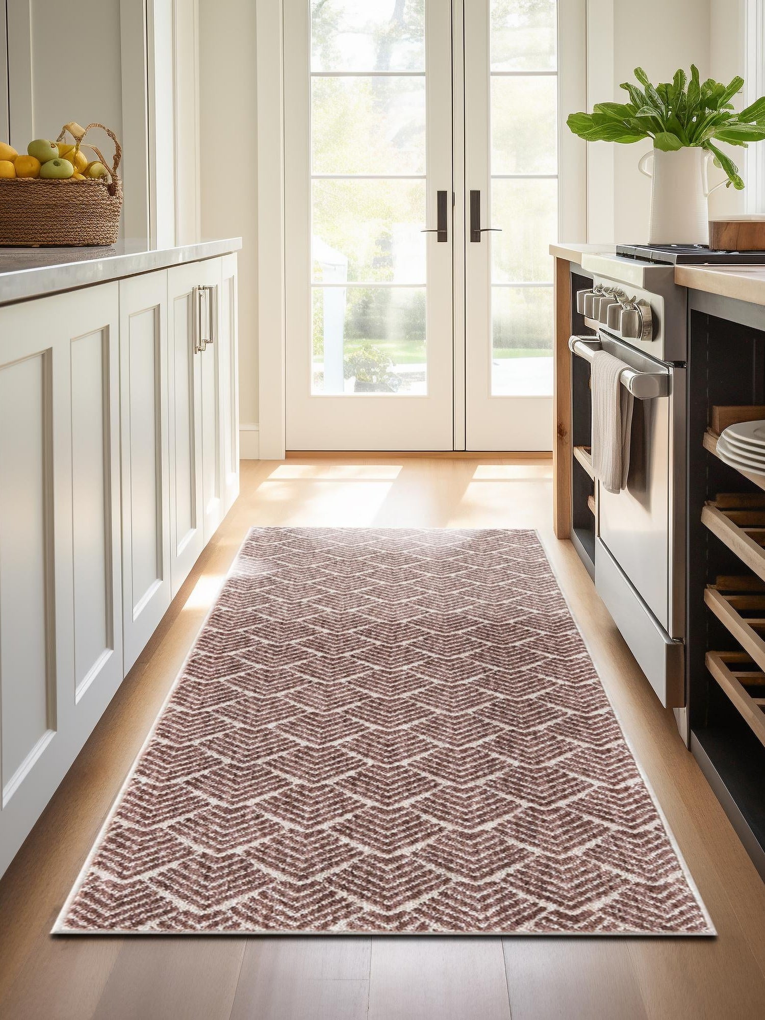 Dusty Rose 2' x 6' Eco Trellis Runner Area Rug 100% Recycled Space Dyed Polyester With Cotton Backing Geometric Pattern Eco-Friendly Carpet for Sale at Rug Engine