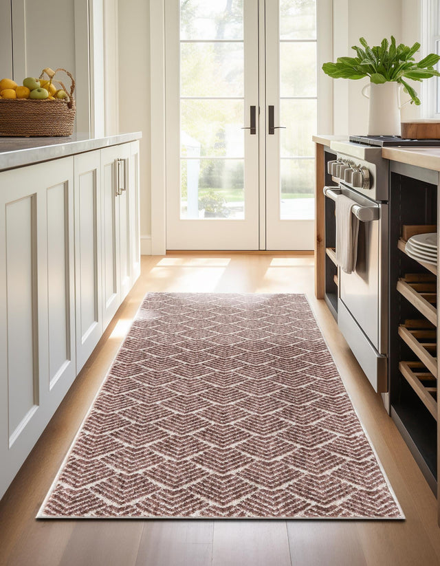 Dusty Rose 2' x 6' Eco Trellis Runner Area Rug 100% Recycled Space Dyed Polyester With Cotton Backing Geometric Pattern Eco-Friendly Carpet for Sale at Rug Engine