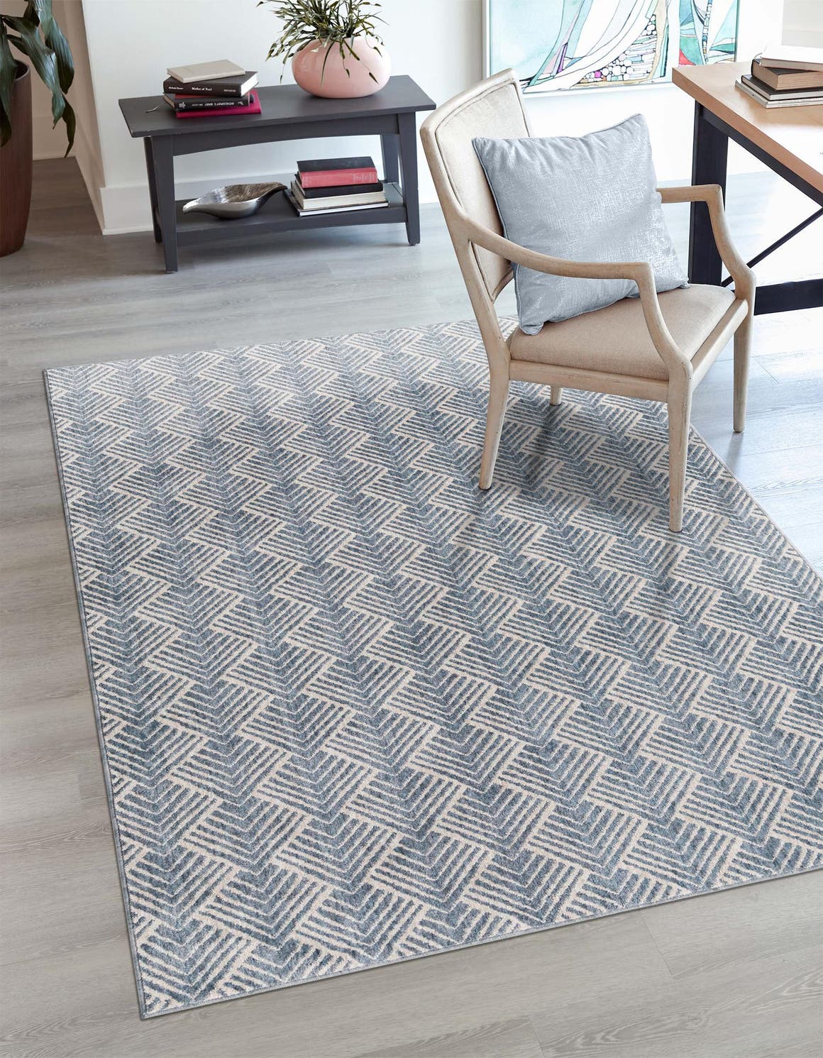Harbor Blue 5' 3 x 8' Eco Trellis Rectangle Area Rug 100% Recycled Space Dyed Polyester With Cotton Backing Geometric Pattern Eco-Friendly Carpet for Sale at Rug Engine