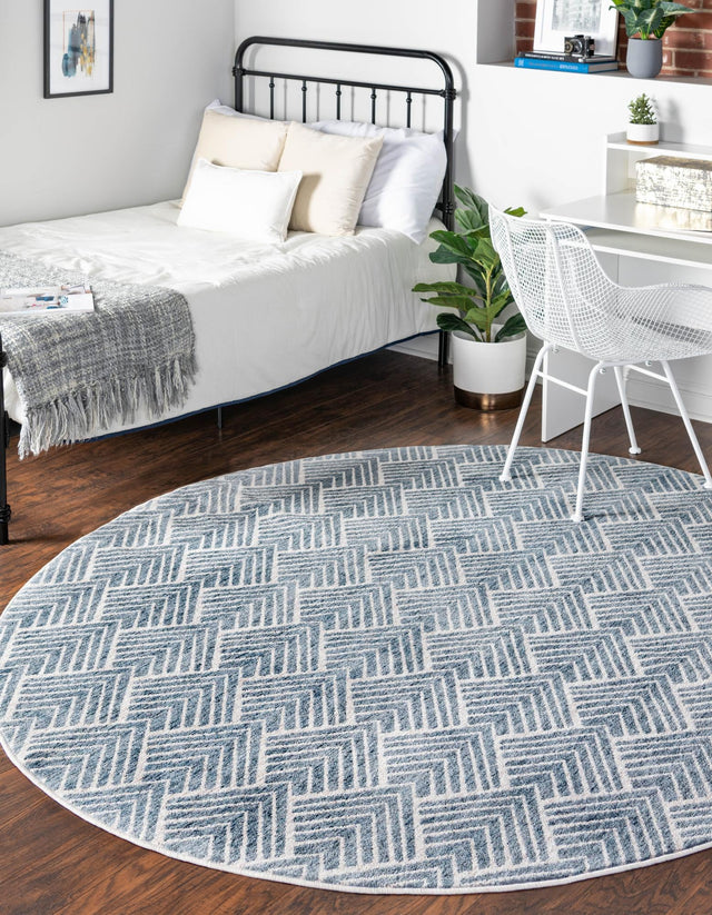 Harbor Blue 3' 3 x 3' 3 Eco Trellis Round Area Rug 100% Recycled Space Dyed Polyester With Cotton Backing Geometric Pattern Eco-Friendly Carpet for Sale at Rug Engine