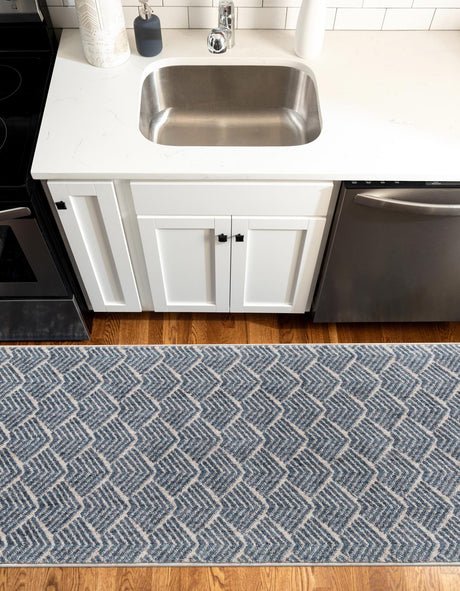 Harbor Blue 2' 7 x 12' Eco Trellis Runner Area Rug 100% Recycled Space Dyed Polyester With Cotton Backing Geometric Pattern Eco-Friendly Carpet for Sale at Rug Engine