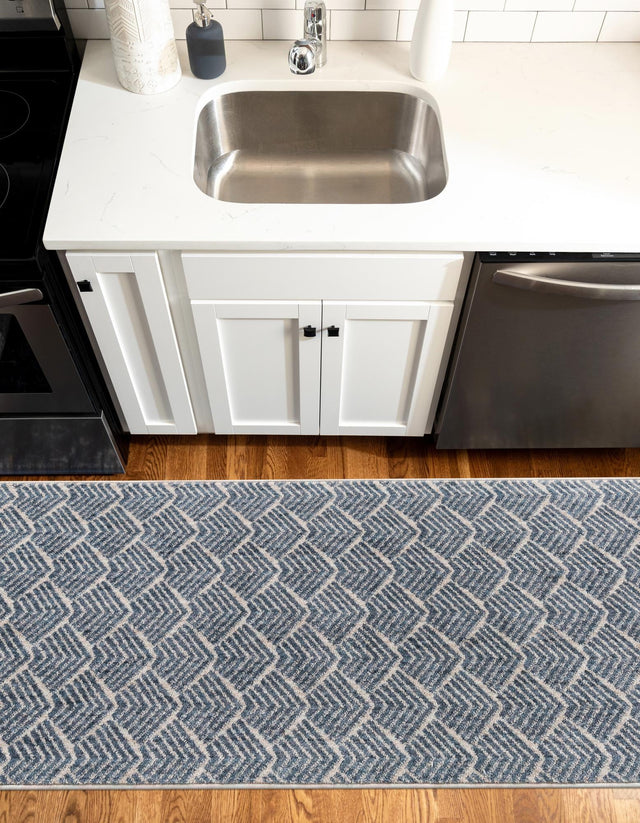 Harbor Blue 2' 7 x 12' Eco Trellis Runner Area Rug 100% Recycled Space Dyed Polyester With Cotton Backing Geometric Pattern Eco-Friendly Carpet for Sale at Rug Engine
