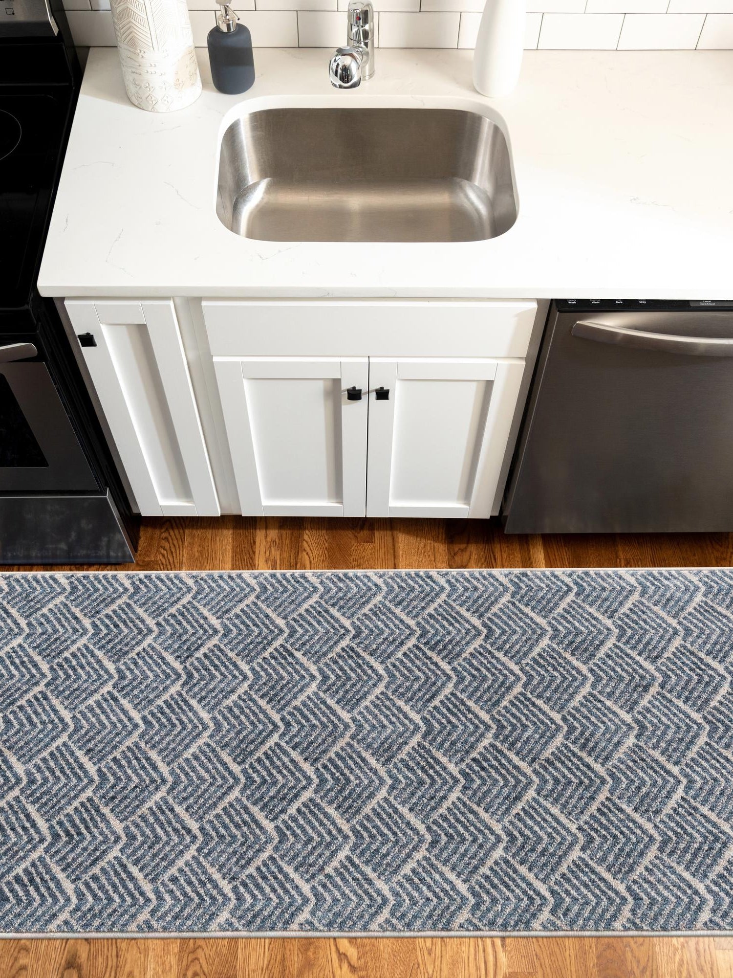 Harbor Blue 2' x 6' Eco Trellis Runner Area Rug 100% Recycled Space Dyed Polyester With Cotton Backing Geometric Pattern Eco-Friendly Carpet for Sale at Rug Engine