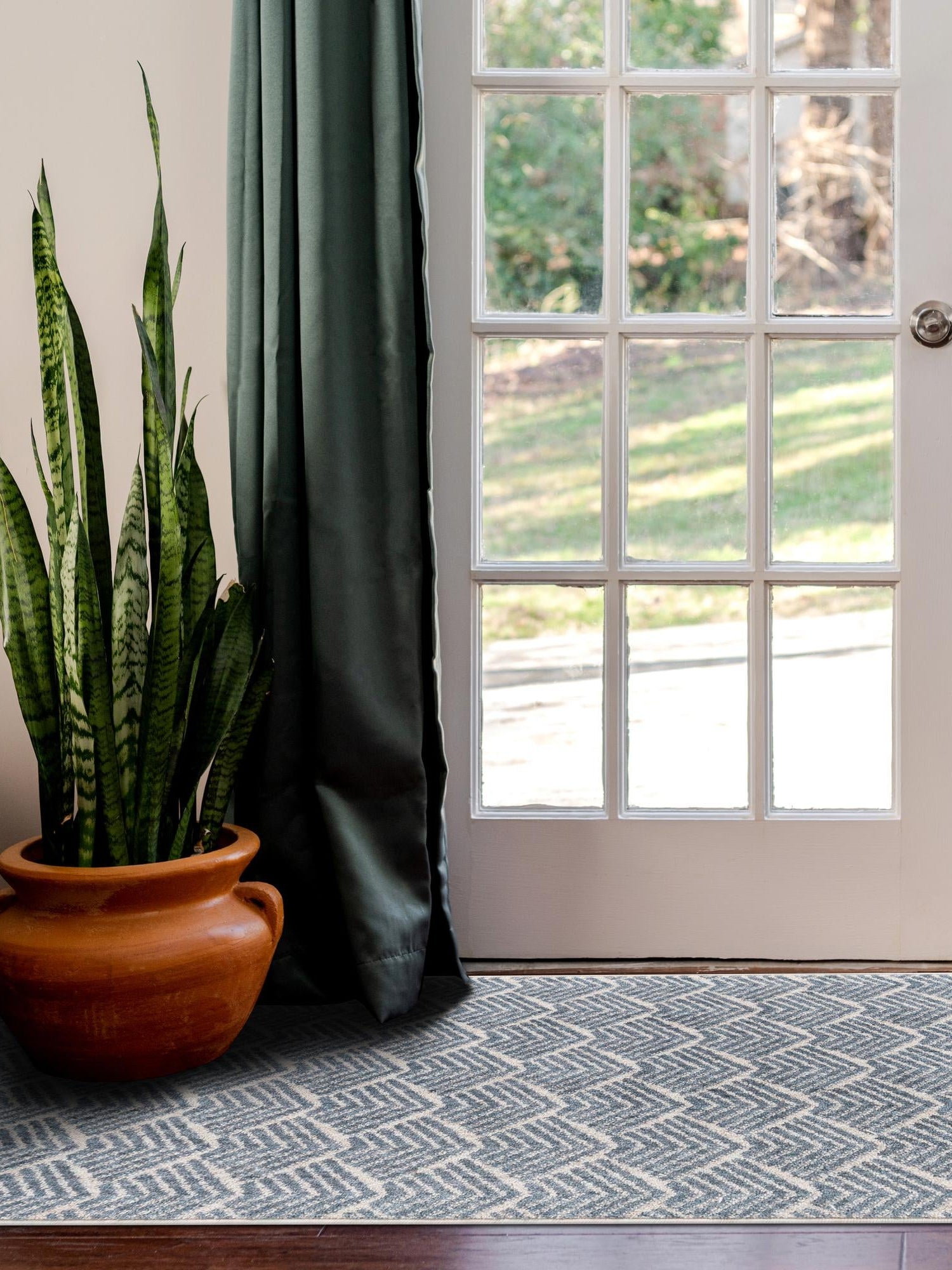 Harbor Blue 2' x 6' Eco Trellis Runner Area Rug 100% Recycled Space Dyed Polyester With Cotton Backing Geometric Pattern Eco-Friendly Carpet for Sale at Rug Engine