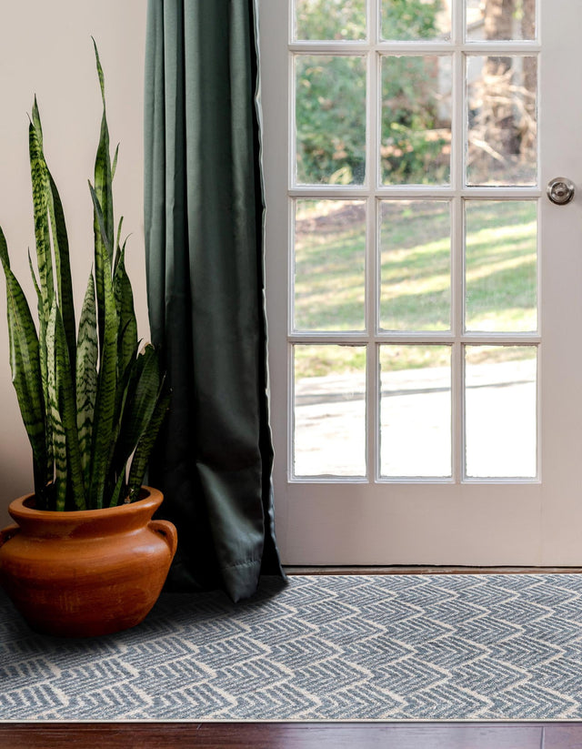 Harbor Blue 2' x 6' Eco Trellis Runner Area Rug 100% Recycled Space Dyed Polyester With Cotton Backing Geometric Pattern Eco-Friendly Carpet for Sale at Rug Engine