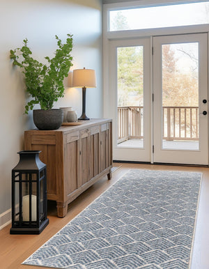 Harbor Blue 2' 7 x 12' Eco Trellis Runner Area Rug 100% Recycled Space Dyed Polyester With Cotton Backing Geometric Pattern Eco-Friendly Carpet for Sale at Rug Engine