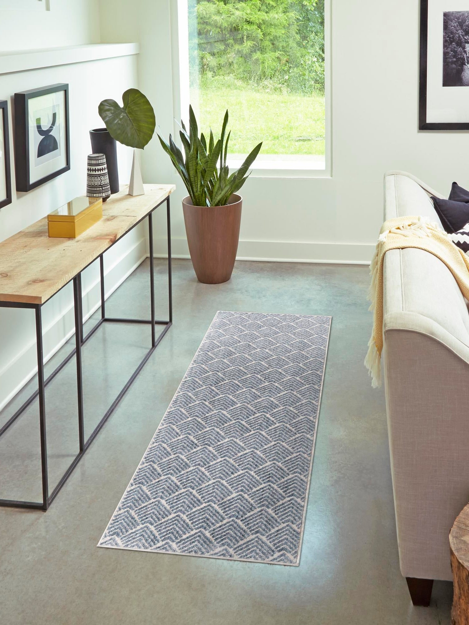 Harbor Blue 2' x 6' Eco Trellis Runner Area Rug 100% Recycled Space Dyed Polyester With Cotton Backing Geometric Pattern Eco-Friendly Carpet for Sale at Rug Engine