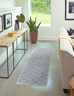 Harbor Blue 2' x 6' Eco Trellis Runner Area Rug 100% Recycled Space Dyed Polyester With Cotton Backing Geometric Pattern Eco-Friendly Carpet for Sale at Rug Engine