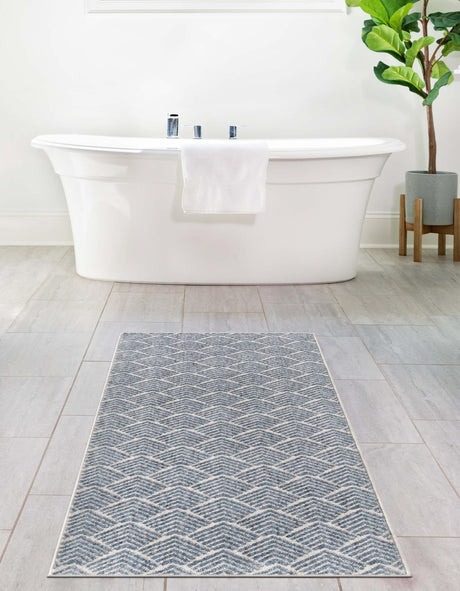 Harbor Blue 2' 7 x 12' Eco Trellis Runner Area Rug 100% Recycled Space Dyed Polyester With Cotton Backing Geometric Pattern Eco-Friendly Carpet for Sale at Rug Engine