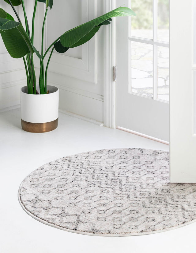 Ivory 7' x 7' Eco Trellis Round Area Rug 100% Recycled Space Dyed Polyester With Cotton Backing Geometric Pattern Eco-Friendly Carpet for Sale at Rug Engine