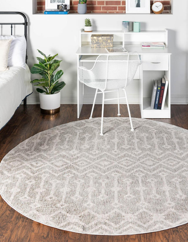 Gray 3' 3 x 3' 3 Eco Trellis Round Area Rug 100% Recycled Space Dyed Polyester With Cotton Backing Geometric Pattern Eco-Friendly Carpet for Sale at Rug Engine