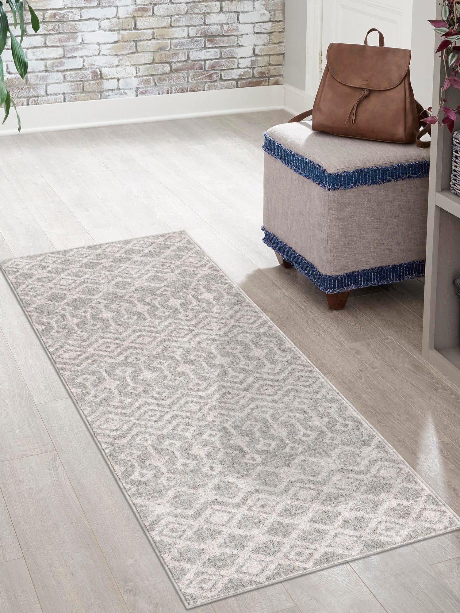 Gray 2' x 6' Eco Trellis Runner Area Rug 100% Recycled Space Dyed Polyester With Cotton Backing Geometric Pattern Eco-Friendly Carpet for Sale at Rug Engine