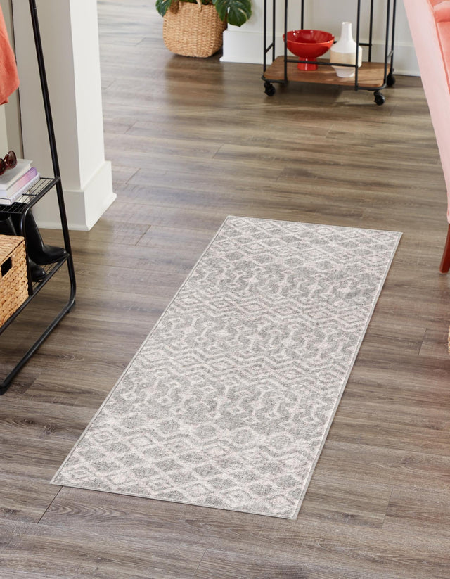 Gray 2' x 6' Eco Trellis Runner Area Rug 100% Recycled Space Dyed Polyester With Cotton Backing Geometric Pattern Eco-Friendly Carpet for Sale at Rug Engine