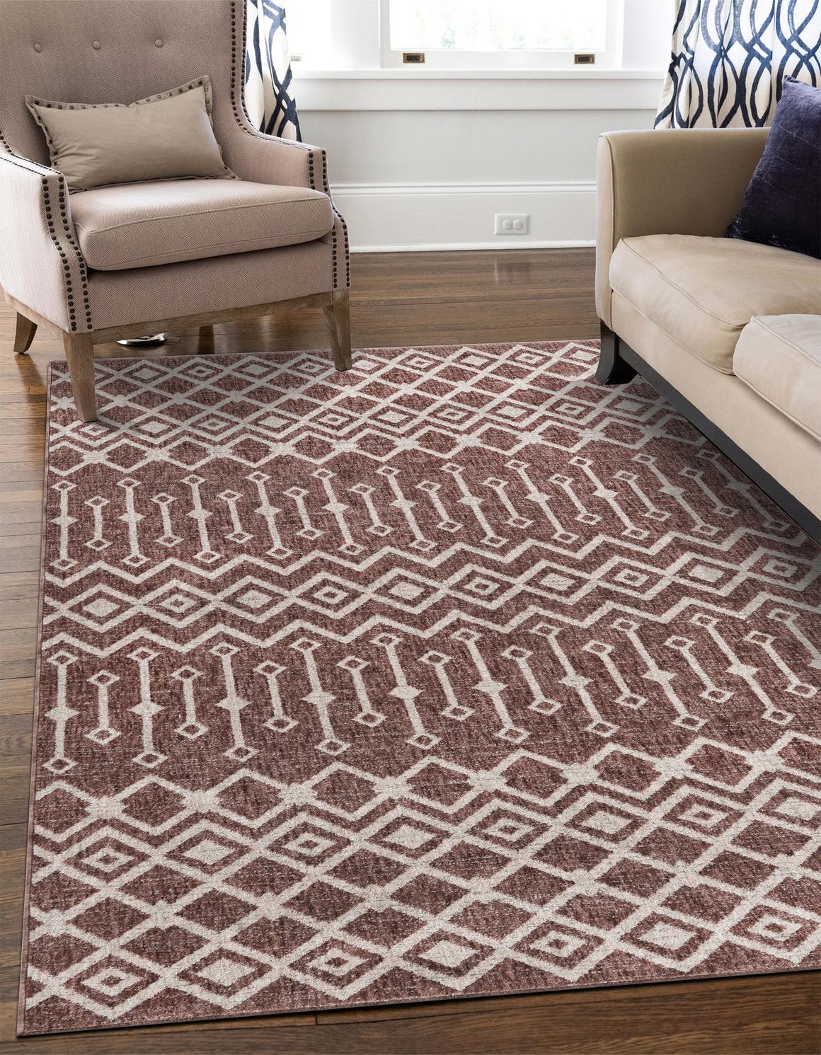 Dusty Rose 4' x 6' Eco Trellis Rectangle Area Rug 100% Recycled Space Dyed Polyester With Cotton Backing Geometric Pattern Eco-Friendly Carpet for Sale at Rug Engine