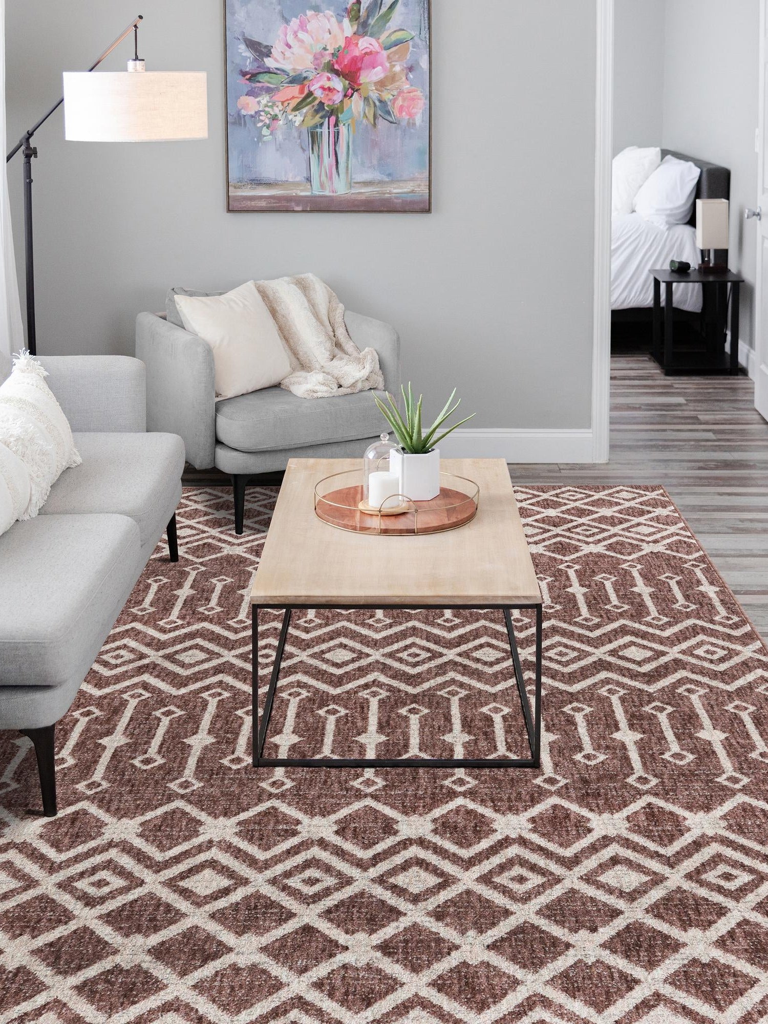 Dusty Rose 4' x 6' Eco Trellis Rectangle Area Rug 100% Recycled Space Dyed Polyester With Cotton Backing Geometric Pattern Eco-Friendly Carpet for Sale at Rug Engine