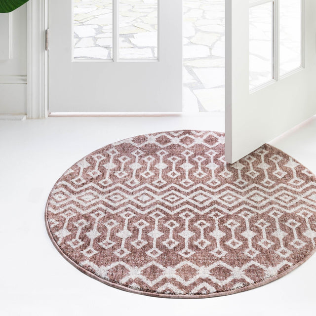 Dusty Rose 3' 3 x 3' 3 Eco Trellis Round Area Rug 100% Recycled Space Dyed Polyester With Cotton Backing Geometric Pattern Eco-Friendly Carpet for Sale at Rug Engine