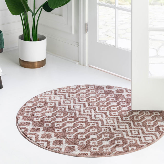 Dusty Rose 3' 3 x 3' 3 Eco Trellis Round Area Rug 100% Recycled Space Dyed Polyester With Cotton Backing Geometric Pattern Eco-Friendly Carpet for Sale at Rug Engine