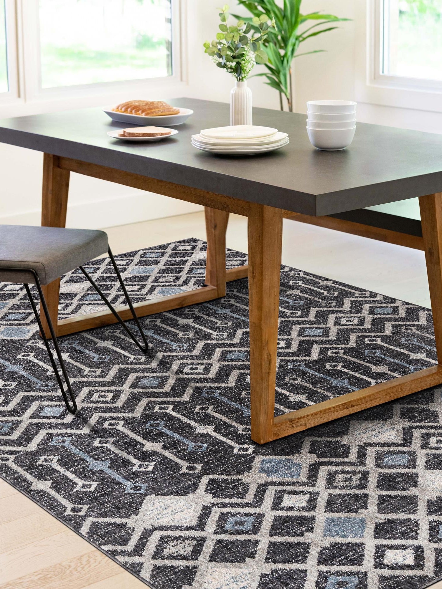 Charcoal Gray 2' x 3' Eco Trellis Rectangle Area Rug 100% Recycled Space Dyed Polyester With Cotton Backing Geometric Pattern Eco-Friendly Carpet for Sale at Rug Engine