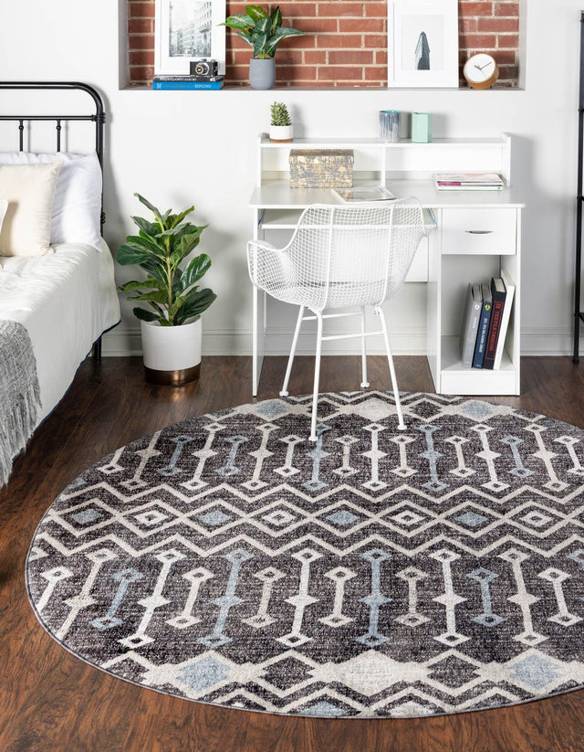 Charcoal Gray 3' 3 x 3' 3 Eco Trellis Round Area Rug 100% Recycled Space Dyed Polyester With Cotton Backing Geometric Pattern Eco-Friendly Carpet for Sale at Rug Engine