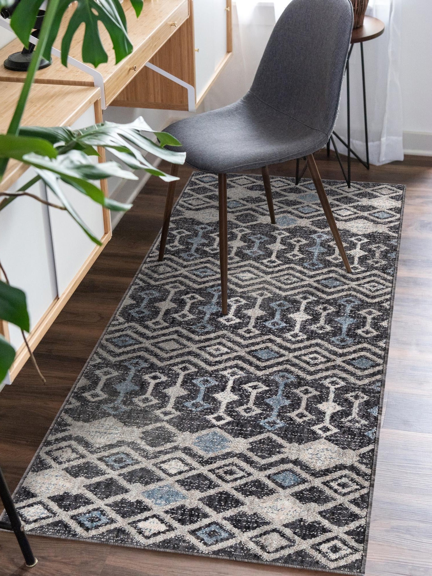 Charcoal Gray 2' 7 x 12' Eco Trellis Runner Area Rug 100% Recycled Space Dyed Polyester With Cotton Backing Geometric Pattern Eco-Friendly Carpet for Sale at Rug Engine