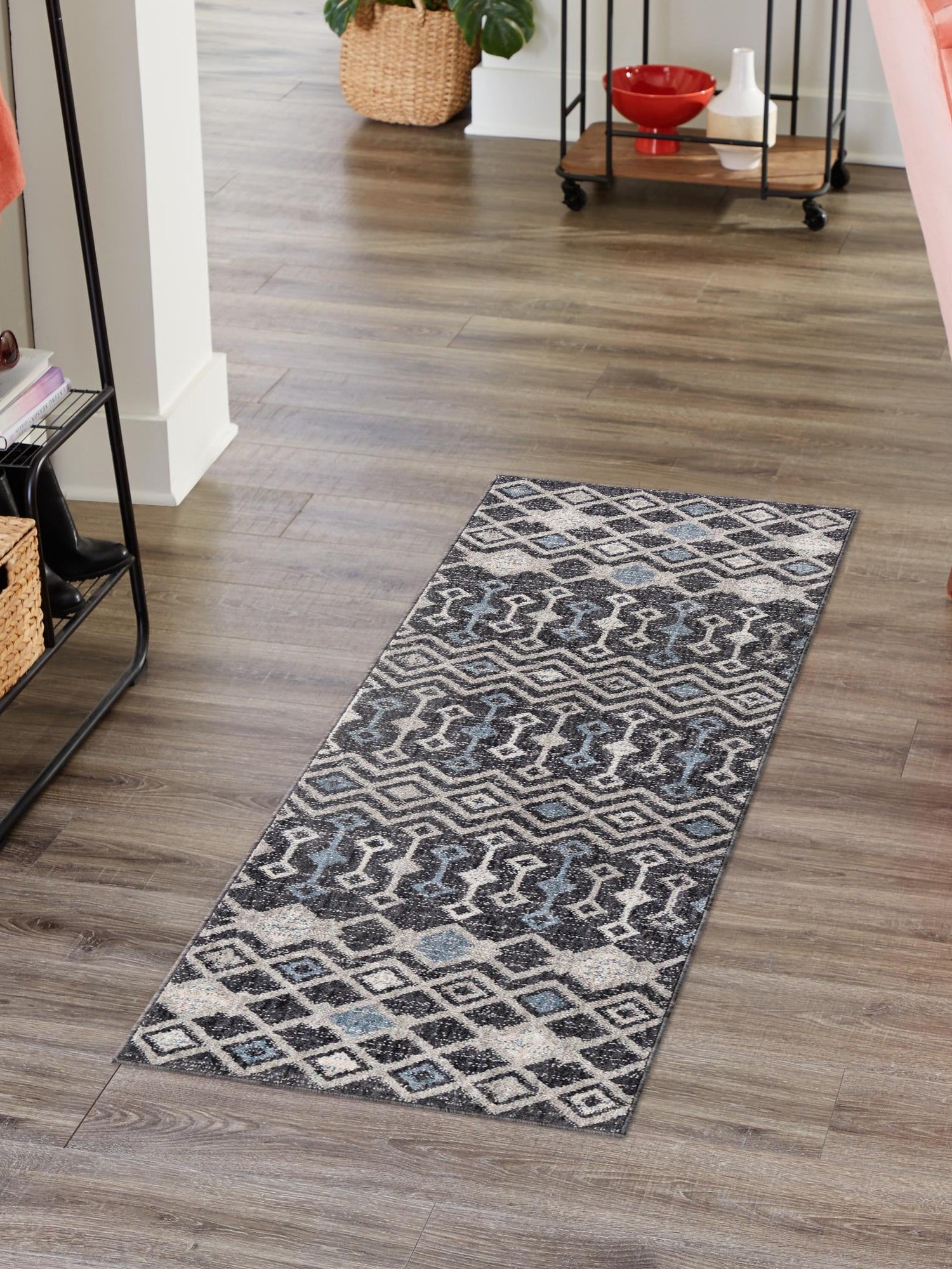 Charcoal Gray 2' 7 x 12' Eco Trellis Runner Area Rug 100% Recycled Space Dyed Polyester With Cotton Backing Geometric Pattern Eco-Friendly Carpet for Sale at Rug Engine