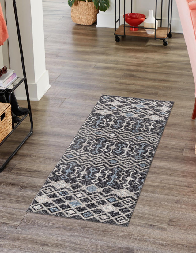 Charcoal Gray 2' 7 x 12' Eco Trellis Runner Area Rug 100% Recycled Space Dyed Polyester With Cotton Backing Geometric Pattern Eco-Friendly Carpet for Sale at Rug Engine