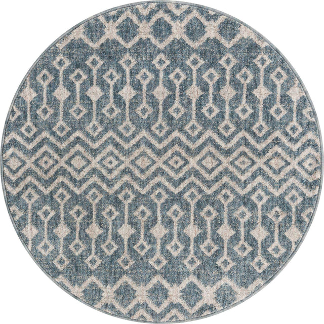 Harbor Blue 3' 3 x 3' 3 Eco Trellis Round Area Rug 100% Recycled Space Dyed Polyester With Cotton Backing Geometric Pattern Eco-Friendly Carpet for Sale at Rug Engine
