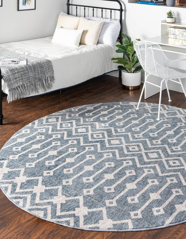Harbor Blue 7' x 7' Eco Trellis Round Area Rug 100% Recycled Space Dyed Polyester With Cotton Backing Geometric Pattern Eco-Friendly Carpet for Sale at Rug Engine