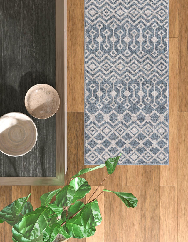 Harbor Blue 2' x 8' Eco Trellis Runner Area Rug 100% Recycled Space Dyed Polyester With Cotton Backing Geometric Pattern Eco-Friendly Carpet for Sale at Rug Engine