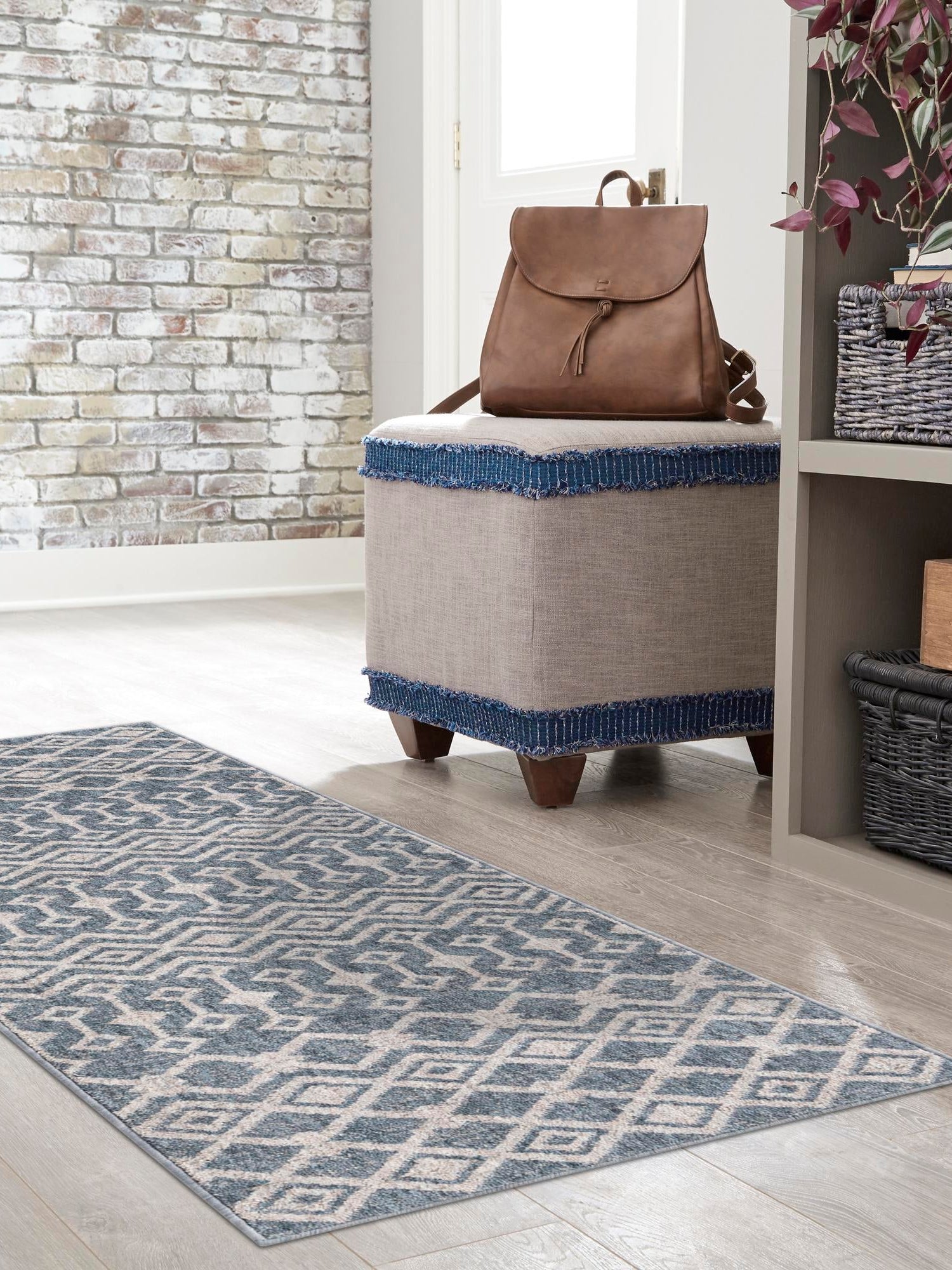 Harbor Blue 2' x 6' Eco Trellis Runner Area Rug 100% Recycled Space Dyed Polyester With Cotton Backing Geometric Pattern Eco-Friendly Carpet for Sale at Rug Engine