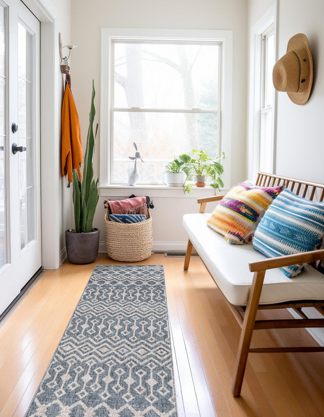 Harbor Blue 2' x 8' Eco Trellis Runner Area Rug 100% Recycled Space Dyed Polyester With Cotton Backing Geometric Pattern Eco-Friendly Carpet for Sale at Rug Engine
