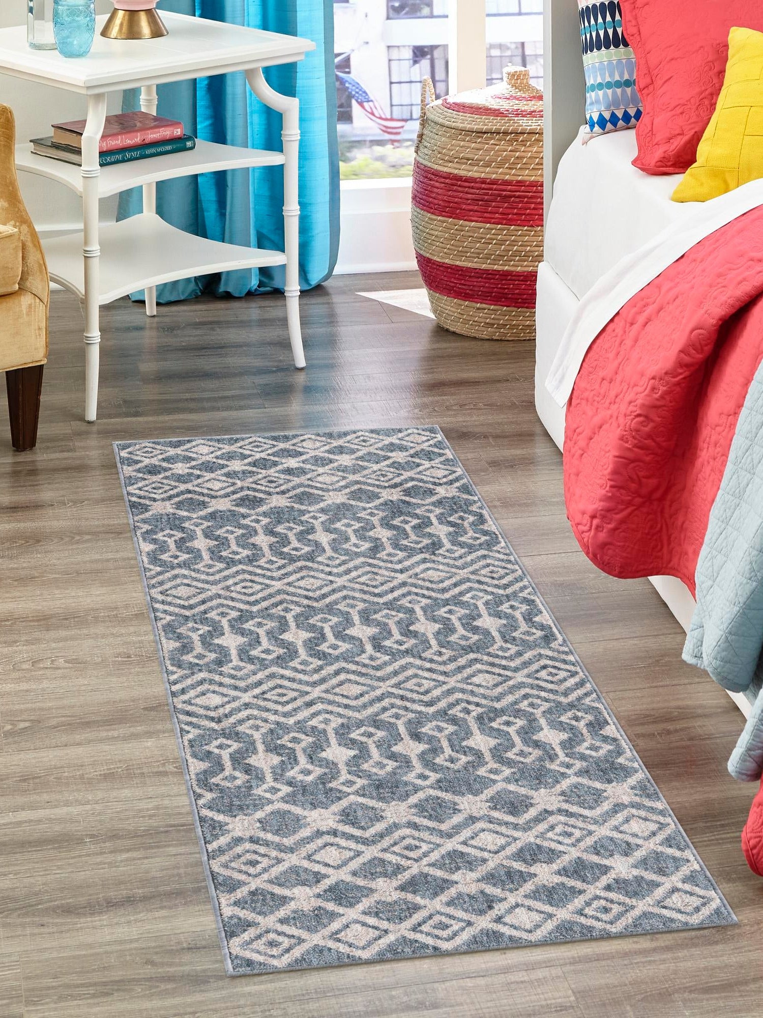 Harbor Blue 2' 7 x 12' Eco Trellis Runner Area Rug 100% Recycled Space Dyed Polyester With Cotton Backing Geometric Pattern Eco-Friendly Carpet for Sale at Rug Engine